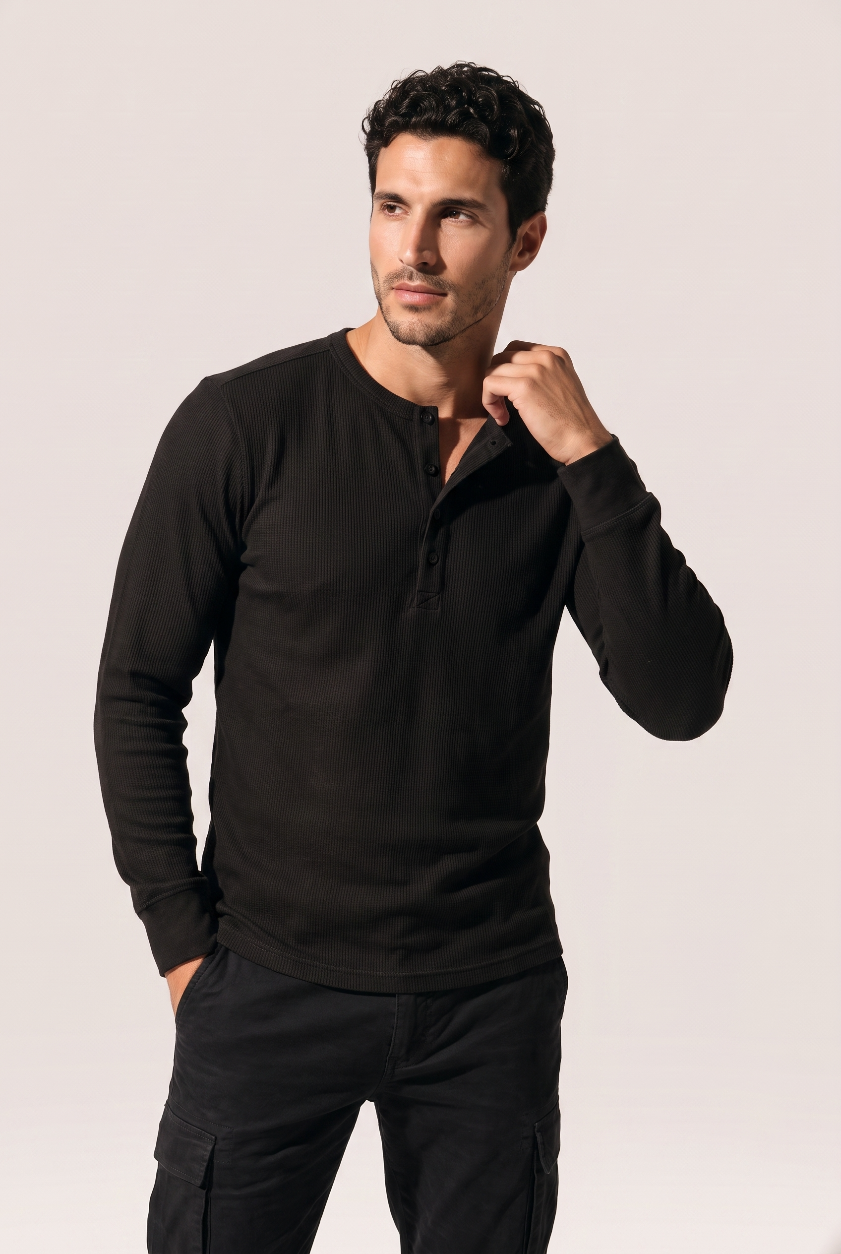 Düğmeli Yaka Waffle Sweatshirt (6211)